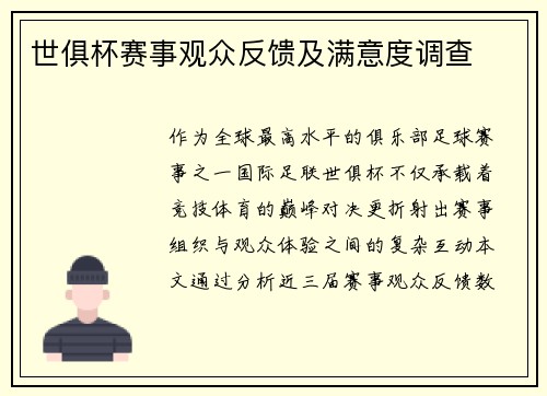 世俱杯赛事观众反馈及满意度调查